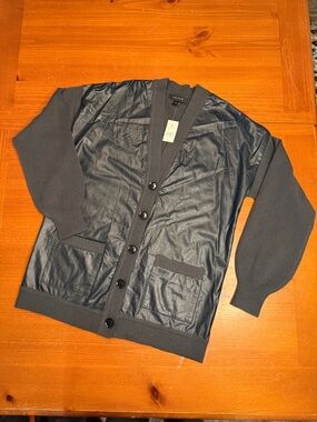 Ann Taylor Navy Blue Faux Leather Front Cardigan